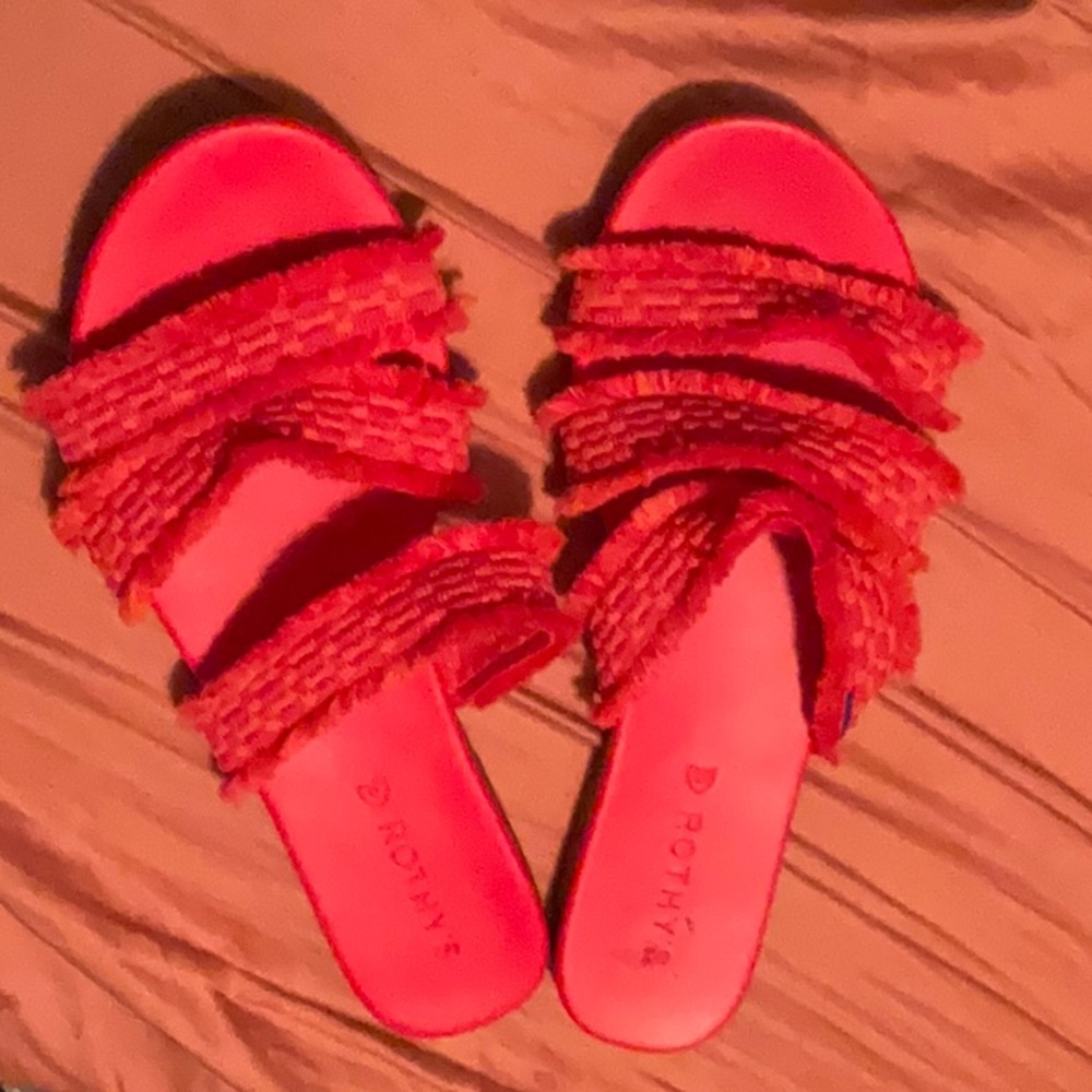 Rothy's Women's Triple Band Fringe Slides Red Flats Sandals Size 8.5